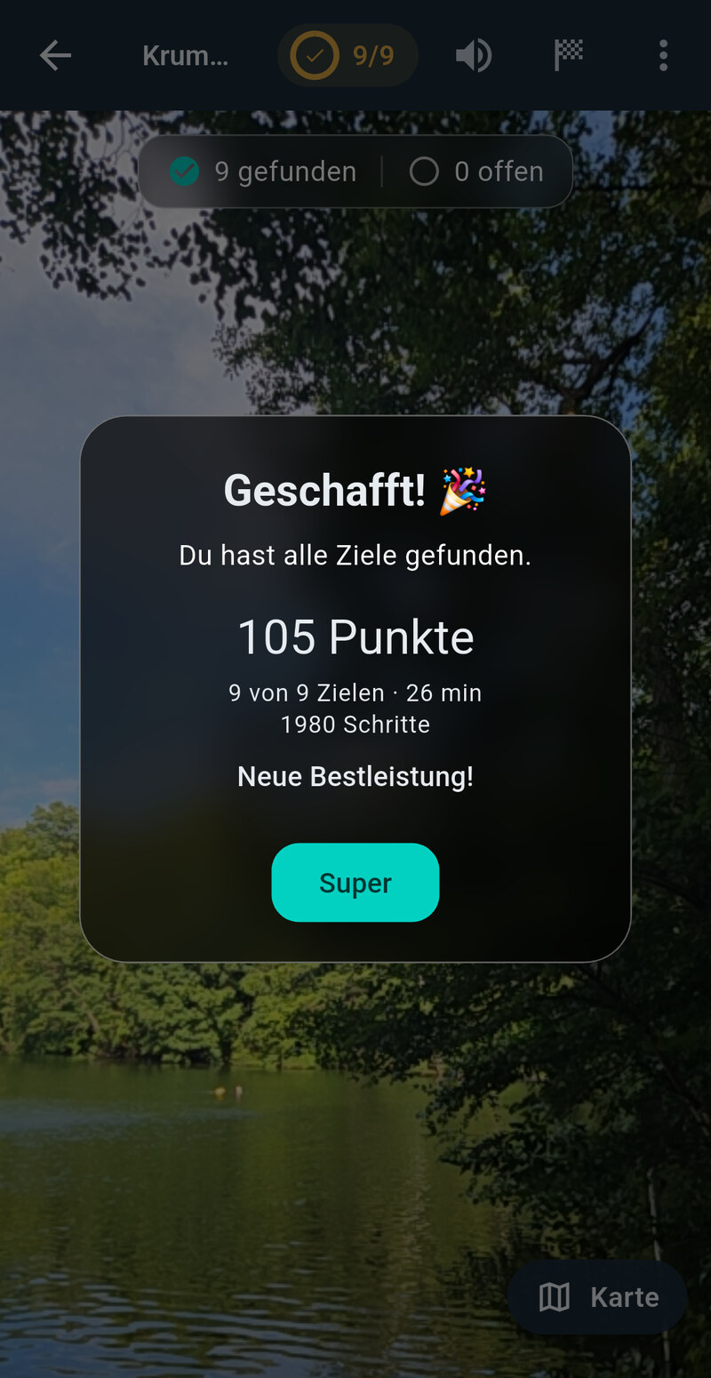 Abschlusskarte einer Runde mit 105 Punkten, 9 von 9 Zielen,
                26 Minuten und 1980 Schritten.