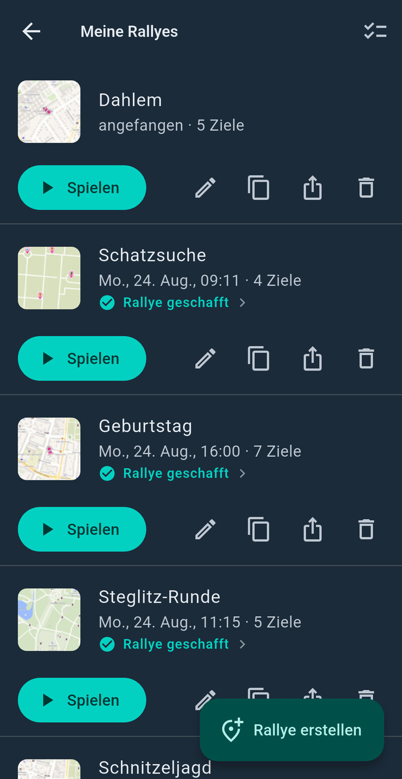 Liste eigener Rallyes mit Vorschaubildern und dem Knopf,
                eine neue Rallye zu erstellen.