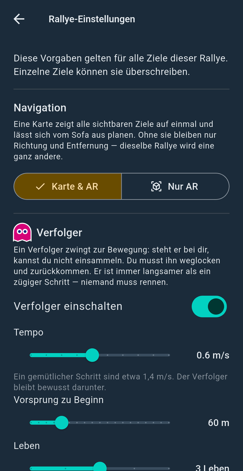 Einstellungen einer Rallye mit der Wahl zwischen Karte und AR
                sowie Reglern für Tempo, Vorsprung und Leben des Verfolgers.